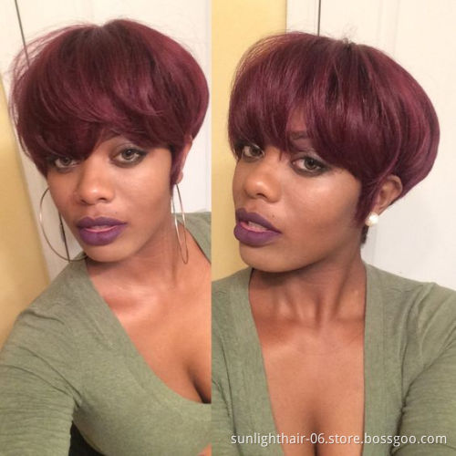 Bas prix de gros 99j rouge couleur vrai cheveux humaine bresilienne perruque coupe courte pixie Bob cheveux humains pour femme